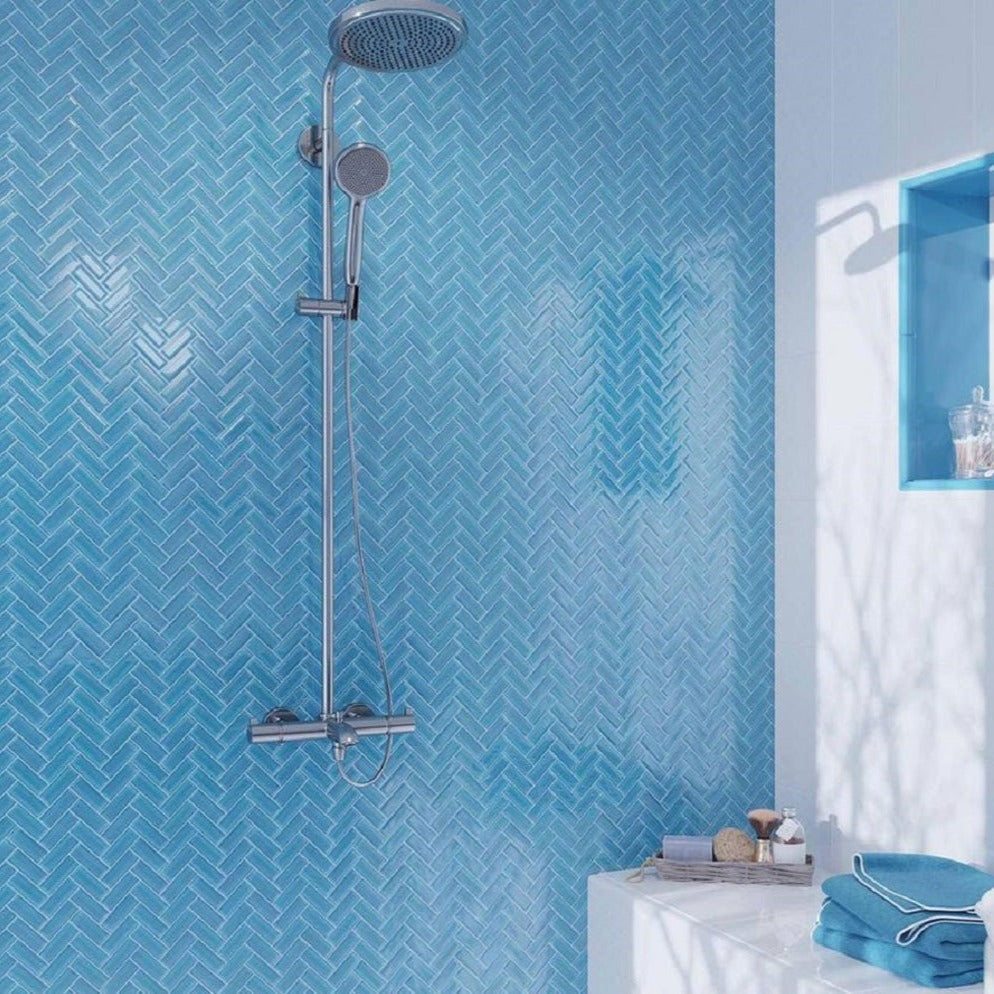 Cerulean Blue 11x13 Glossy Herringbone Glass Mosaic Tile (5 pack, 4.8125 sq ft/case)