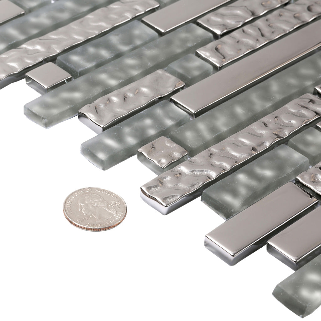 Silver 12x12 Glossy Matte Brick Glass Mosaic Tile (5 pack, 4.79 sq ft/case) - Sample