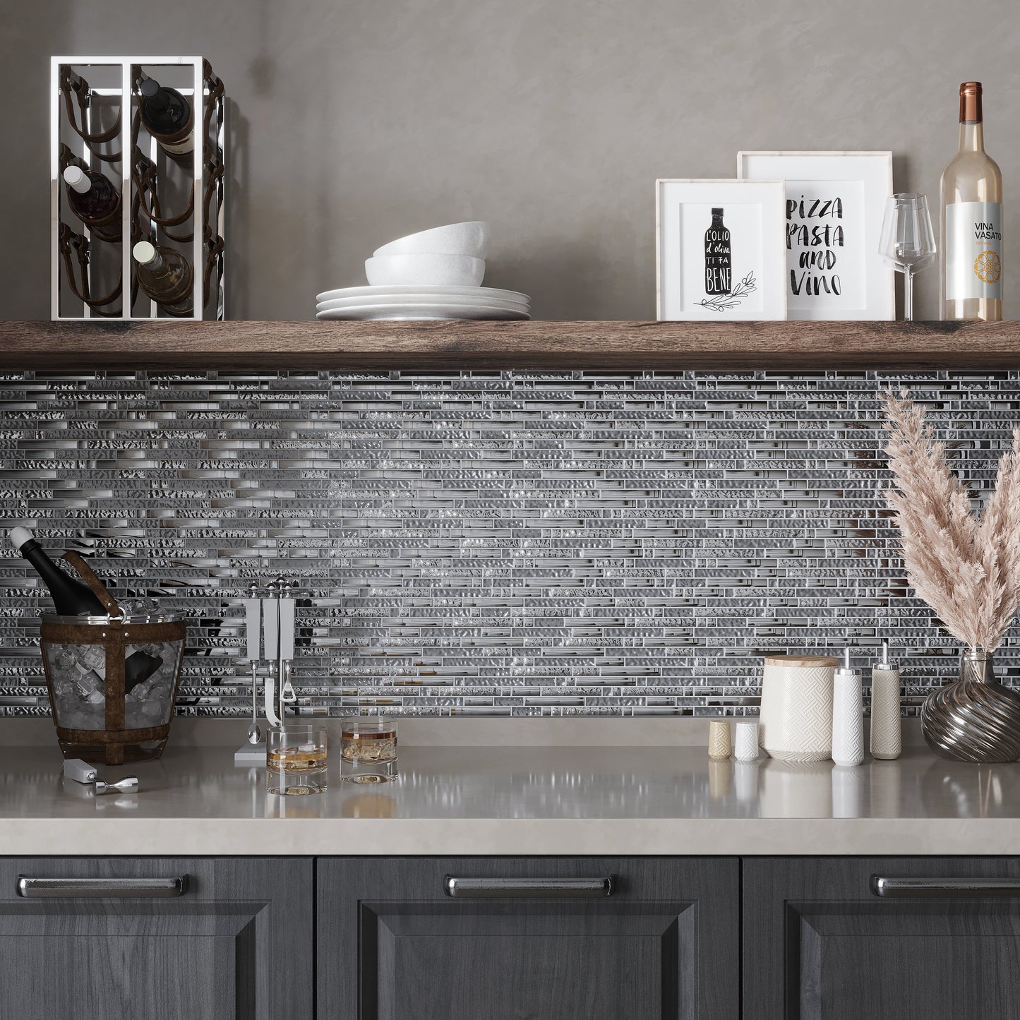 Silver 12x12 Glossy Matte Linear Glass Mosaic Tile (5 pack, 4.79 sq ft/case)