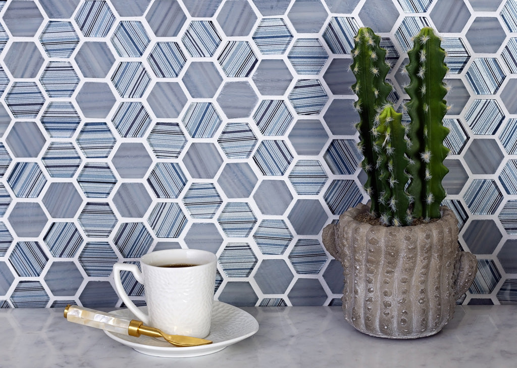 Blue Gray 12x12 Glossy Matte Hexagon Glass Mosaic Tile (5 pack, 4.83 sq ft/case)