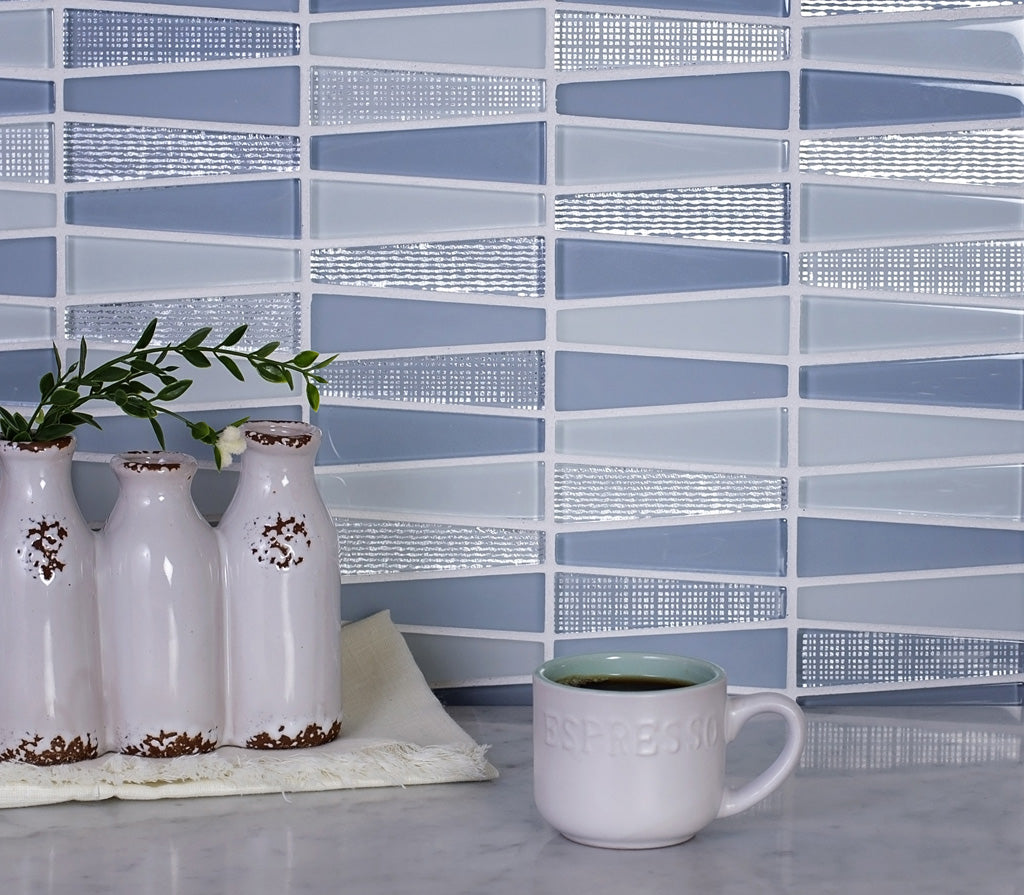 Blue Gray 12x12 Glossy Matte Sticks Glass Mosaic Tile (5 pack, 5 sq ft/case) - Sample