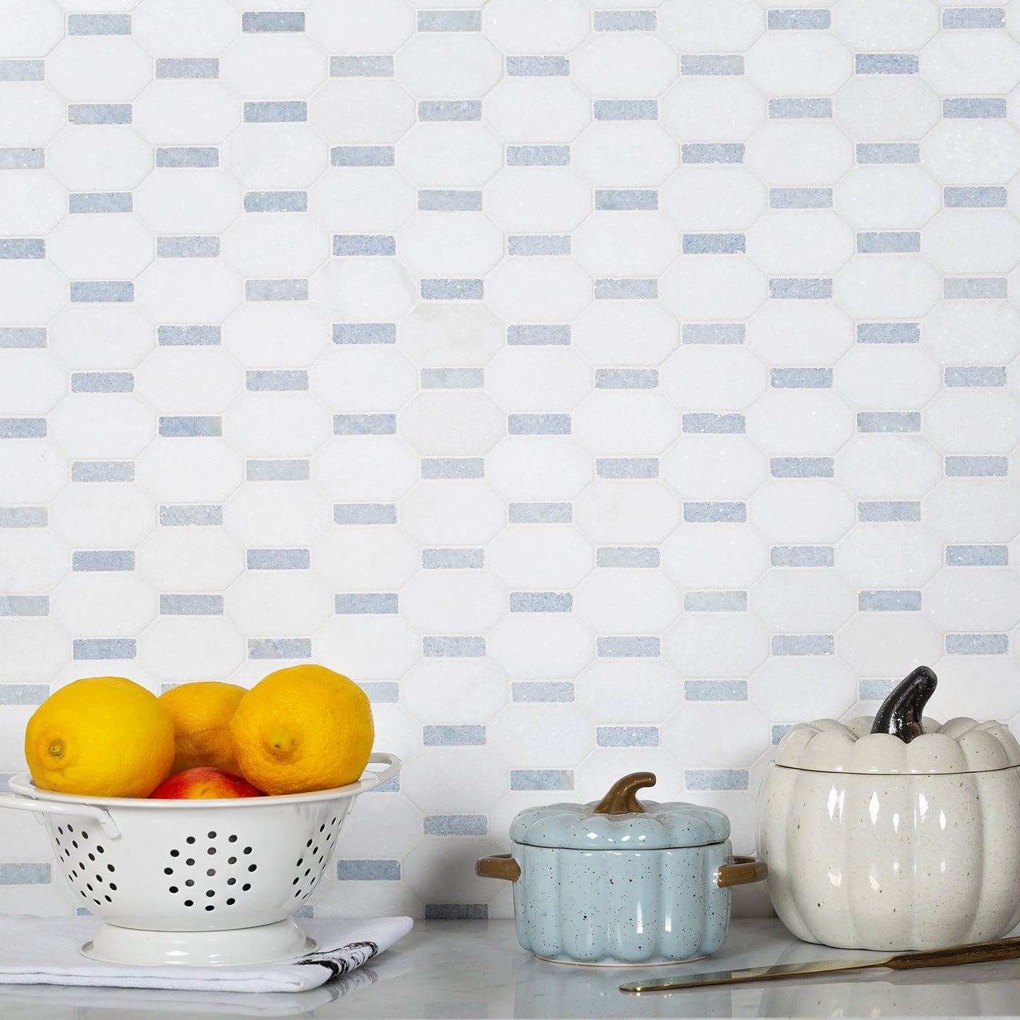 5-Pack White, Blue 11-in x 11-in Polished Natural Stone Floor and Wall Tile - Sample