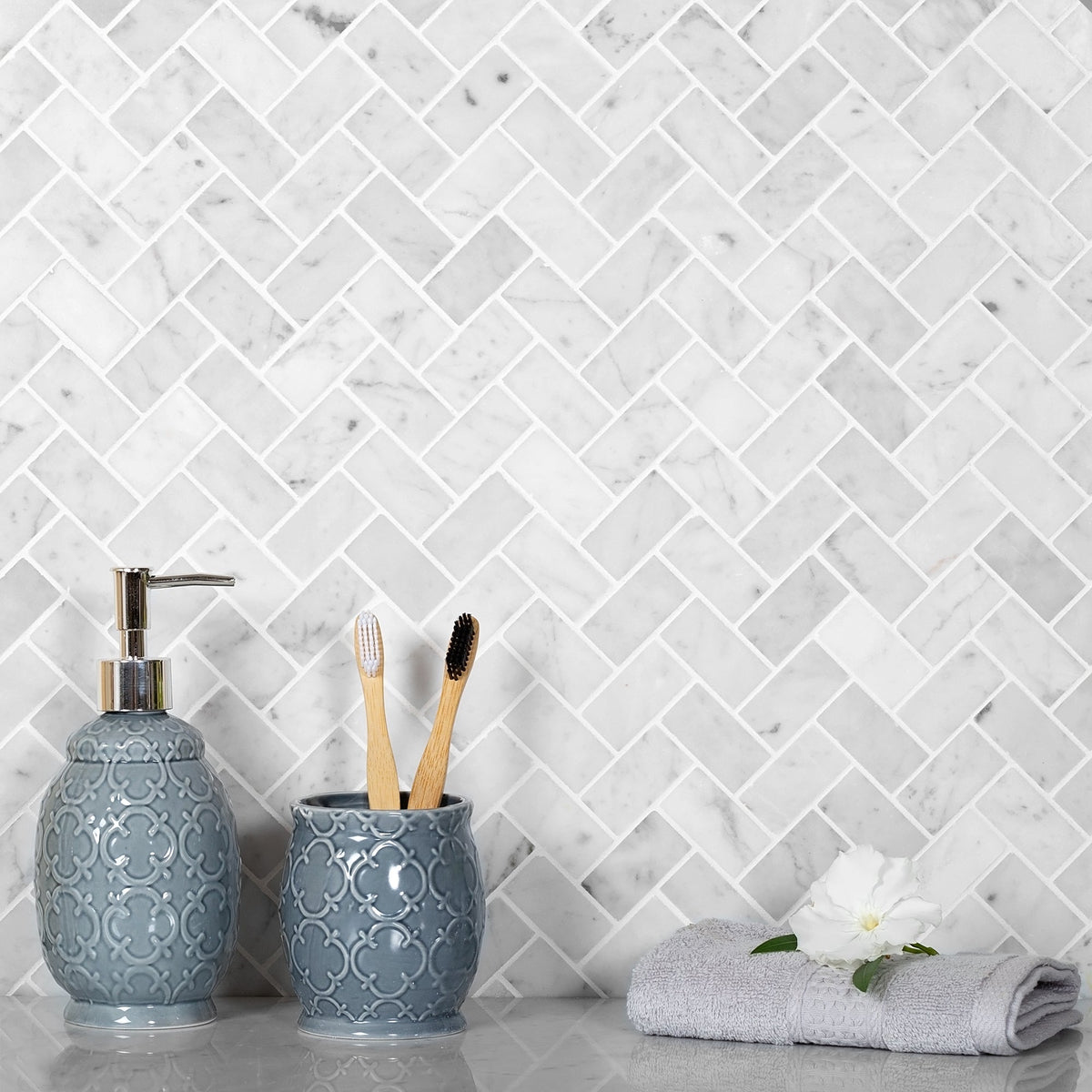White 12x12 Polished Herringbone Marble Mosaic Tile (5 pack, 4.83 sq ft/case) - Sample
