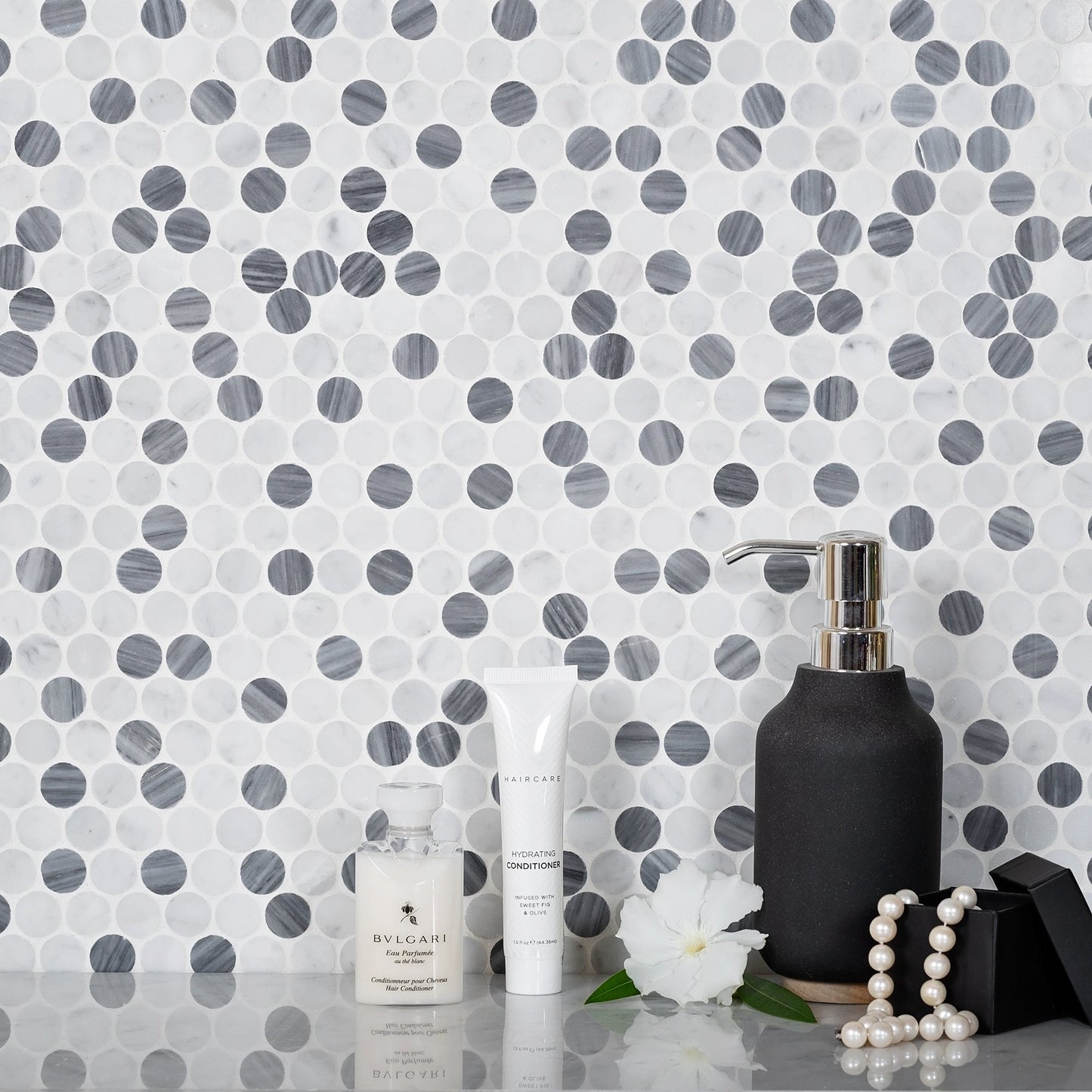 White Gray 11x12 Polished Penny Round Bardiglio Nuvolato Carrara Marble Mosaic Tile (5 pack, 4.83 sq ft/case)