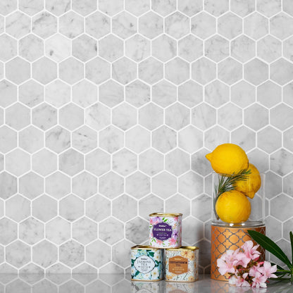 Powder White 12x12 Honed Hexagon Marble Mosaic Tile (5 pack, 4.83 sq ft/case) - Sample