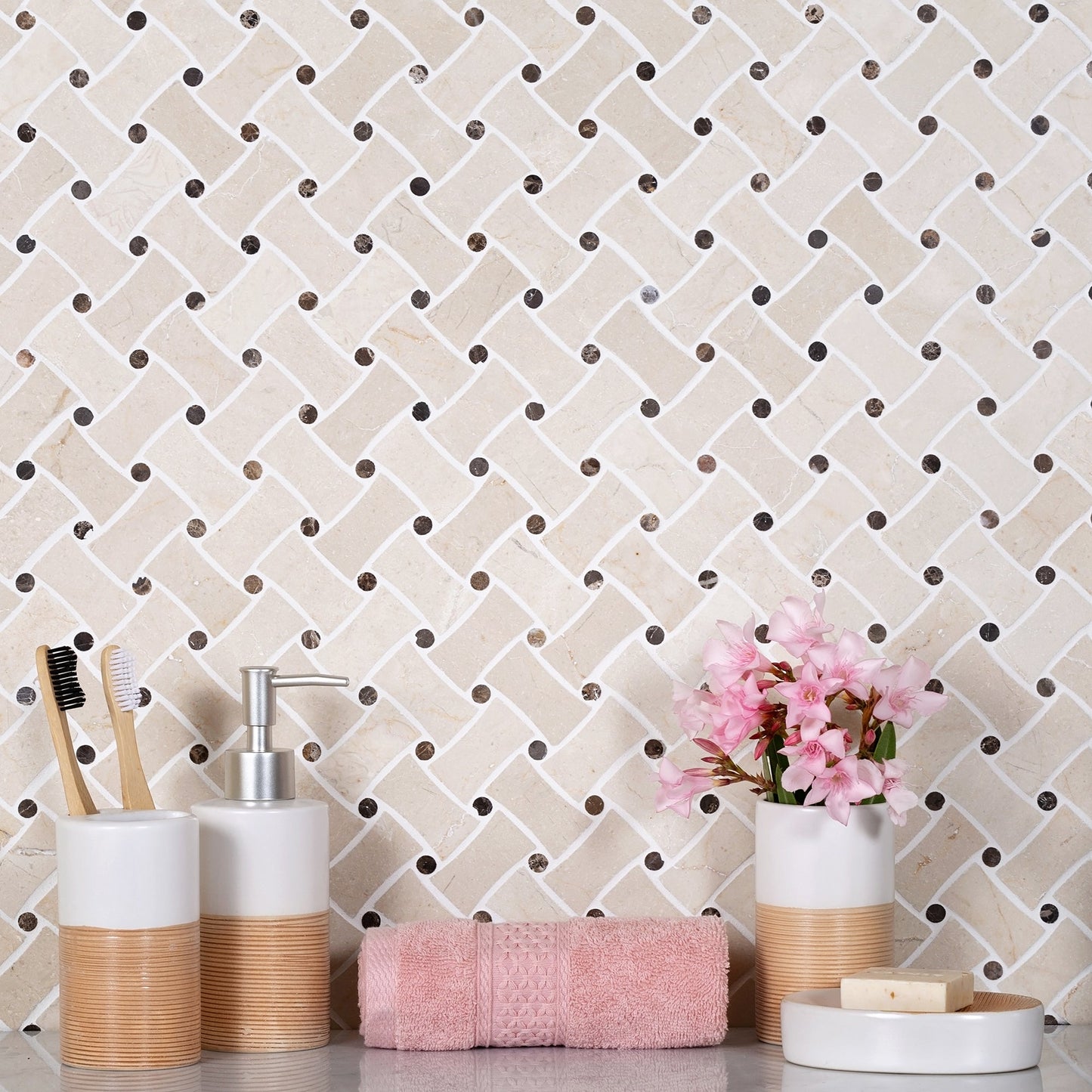 Beige 11x11 Polished Basketweave Crema Marfil Emperador Dark Mosaic Tile (5 pack, 4.2 sq ft/case) - Sample