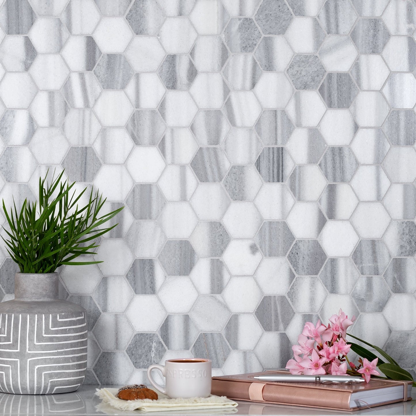 Gray 12x12 Polished Hexagon Equator Marble Mosaic Tile (5 pack, 4.83 sq ft/case)