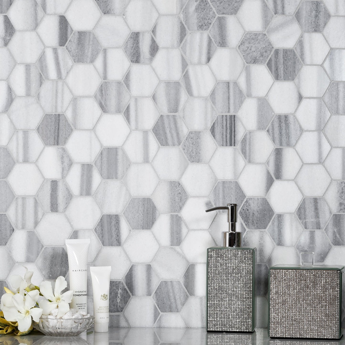 Gray 12x12 Polished Hexagon Equator Marble Mosaic Tile (5 pack, 4.83 sq ft/case)