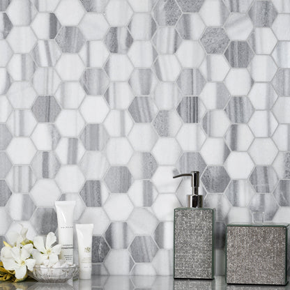 Gray 12x12 Polished Hexagon Equator Marble Mosaic Tile (5 pack, 4.83 sq ft/case)