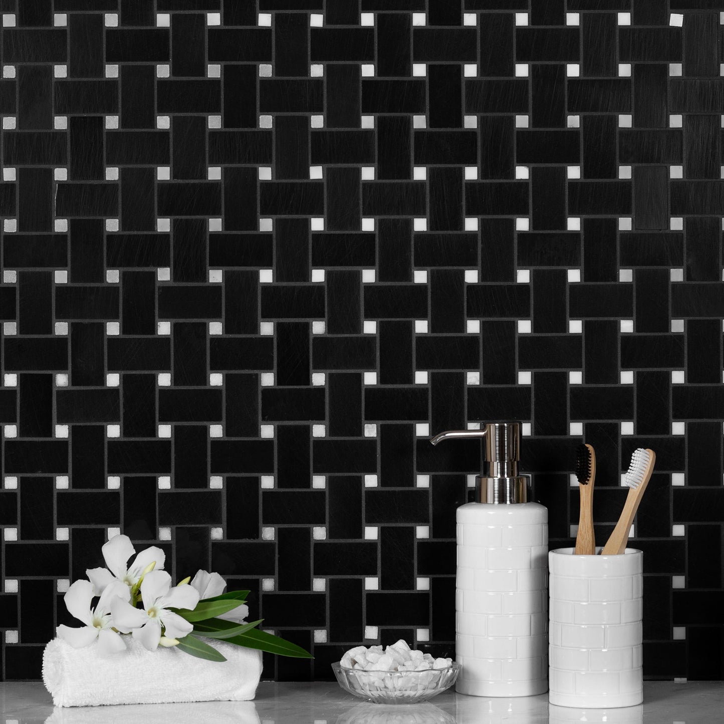 5-Pack Black 12-in x 12-in Polished Natural Stone Basketweave Patterned Floor and Wall Tile