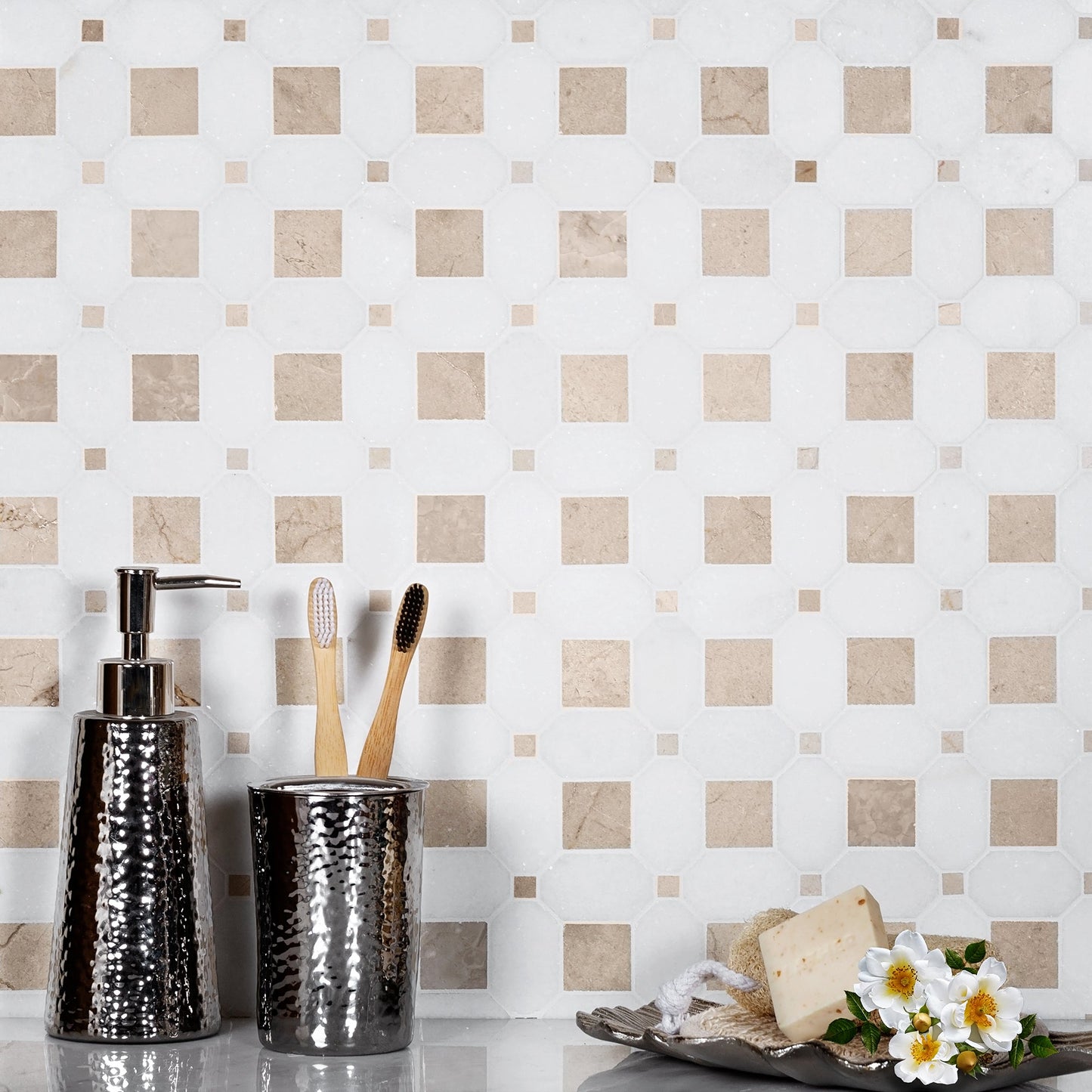 White Beige 12x12 Polished Multi-shaped Thassos Crema Marfil Marble Mosaic Tile (5 pack, 5.17 sq ft/case)