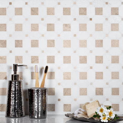 White Beige 12x12 Polished Multi-shaped Thassos Crema Marfil Marble Mosaic Tile (5 pack, 5.17 sq ft/case)