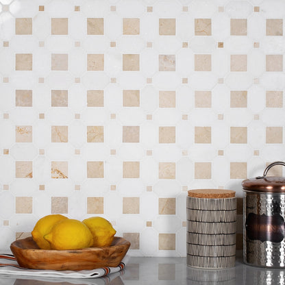 White Beige 12x12 Polished Multi-shaped Thassos Crema Marfil Marble Mosaic Tile (5 pack, 5.17 sq ft/case)