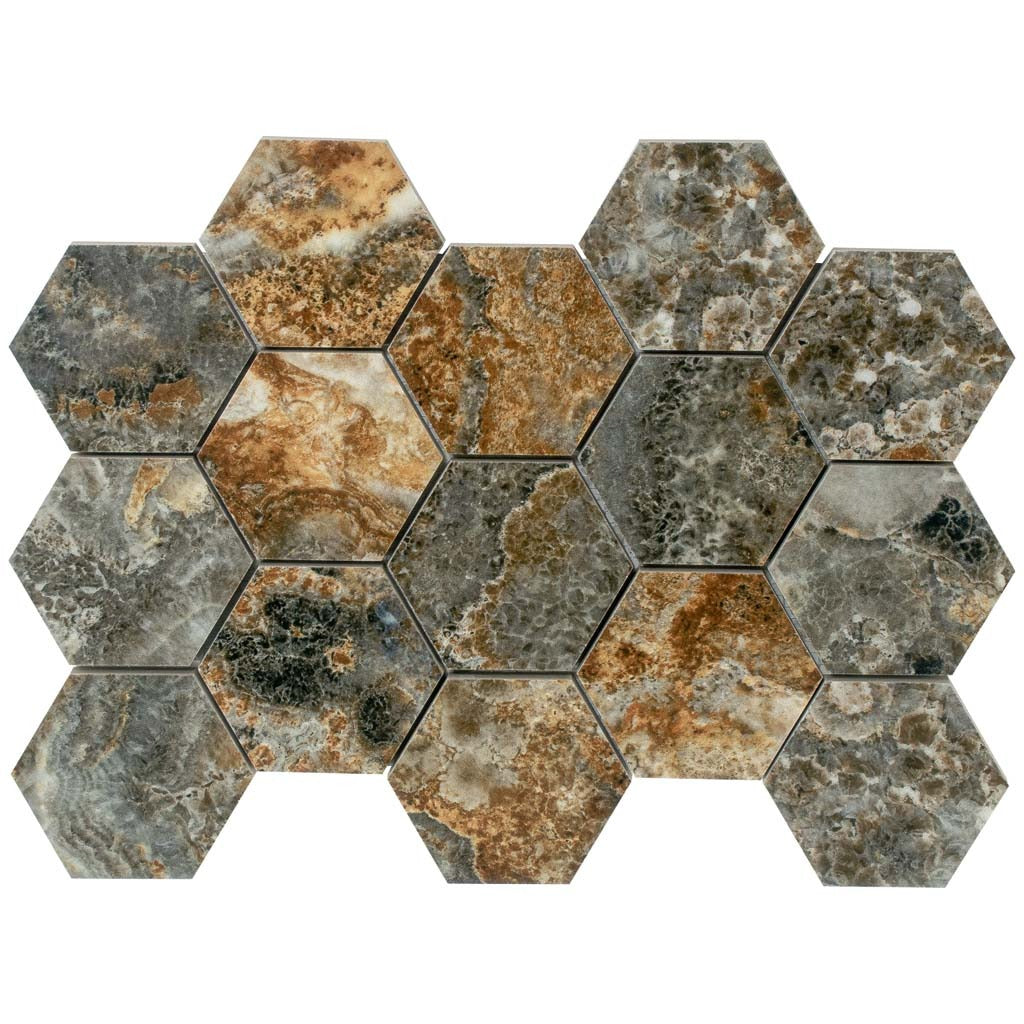 Brown 9x13 Polished Hexagon Porcelain Mosaic Tile (9 pack, 7.09 sq ft/case)
