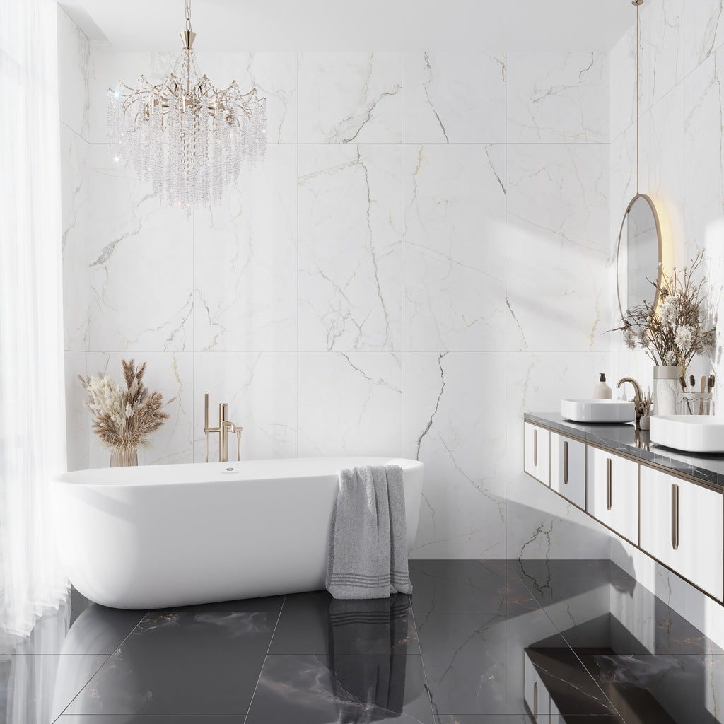 Pearl White with Gray Vein 24x48 Matte Porcelain Large Format Tile (2 pack, 15.5 sq ft/case)
