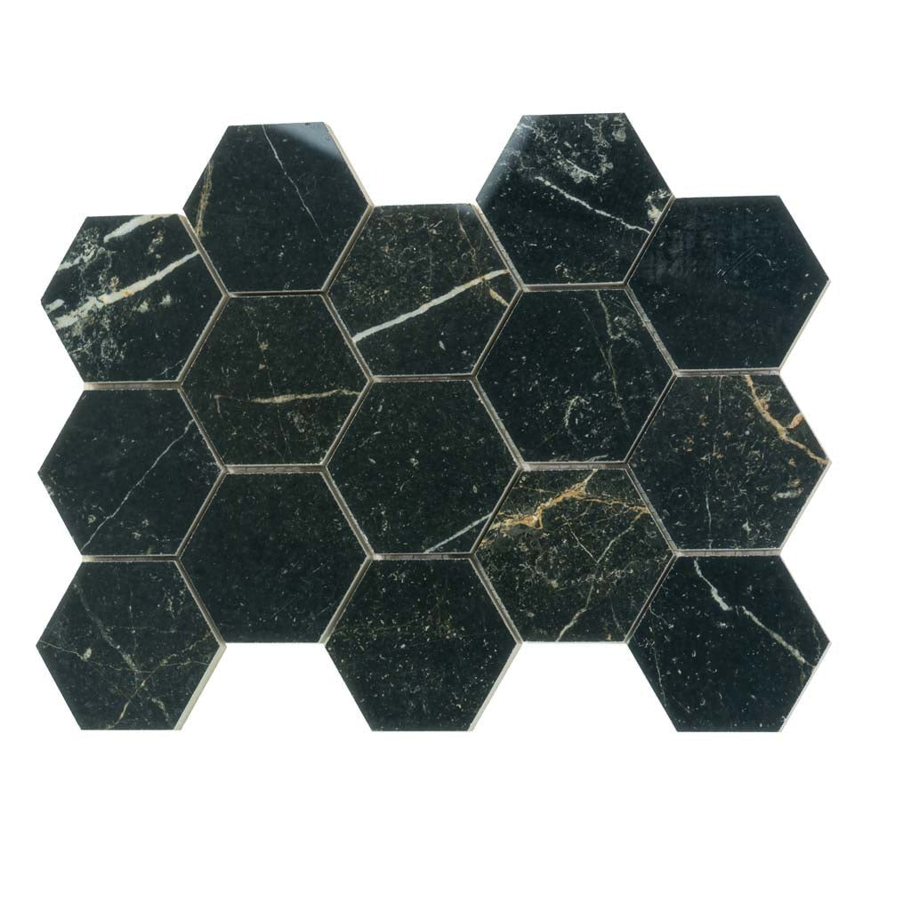 Sable Black 9x13 Polished Hexagon Porcelain Mosaic Tile (9 pack, 7.09 sq ft/case)