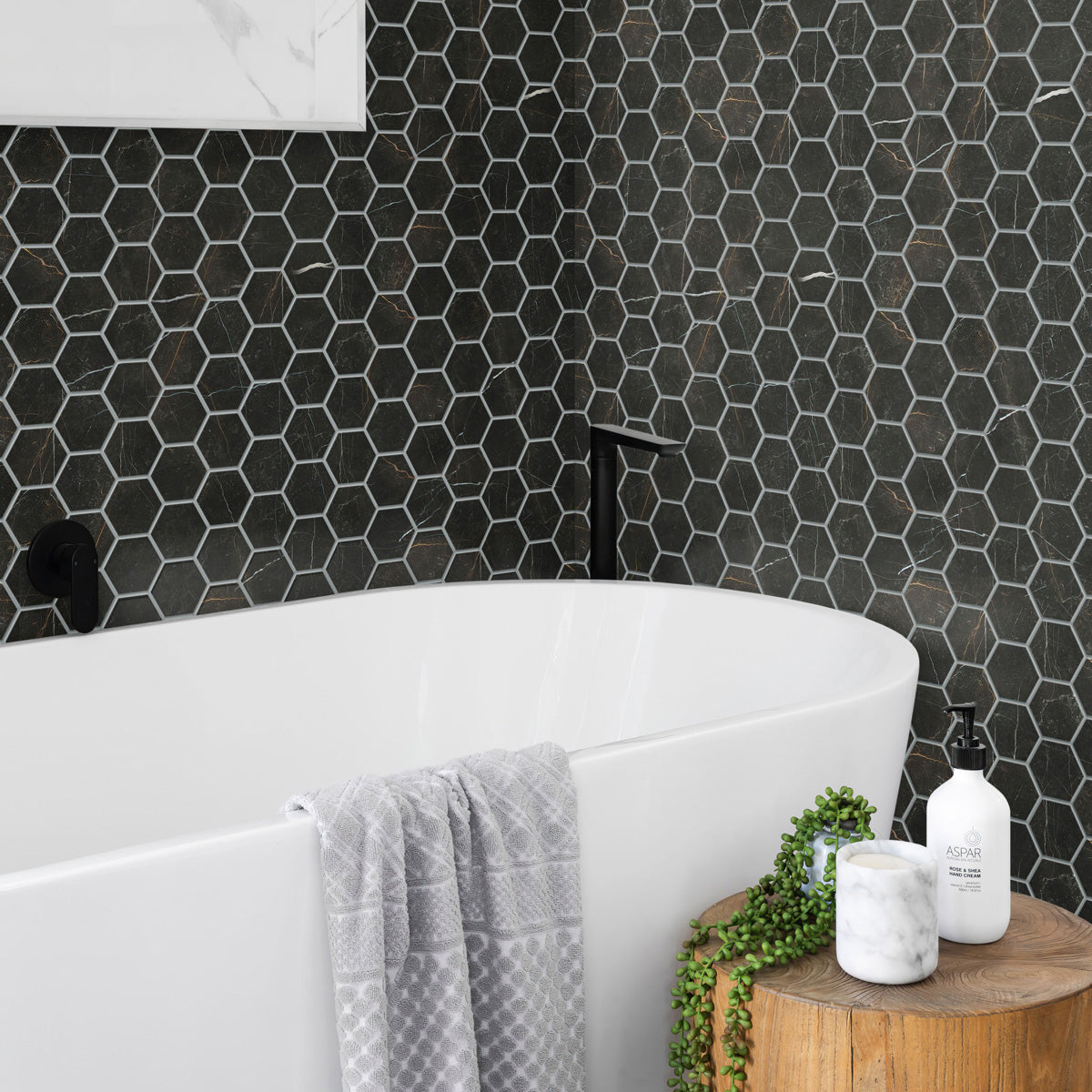 Sable Black 9x13 Polished Hexagon Porcelain Mosaic Tile (9 pack, 7.09 sq ft/case)