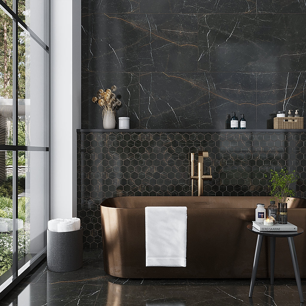 Sable Black 9x13 Polished Hexagon Porcelain Mosaic Tile (9 pack, 7.09 sq ft/case) - Sample