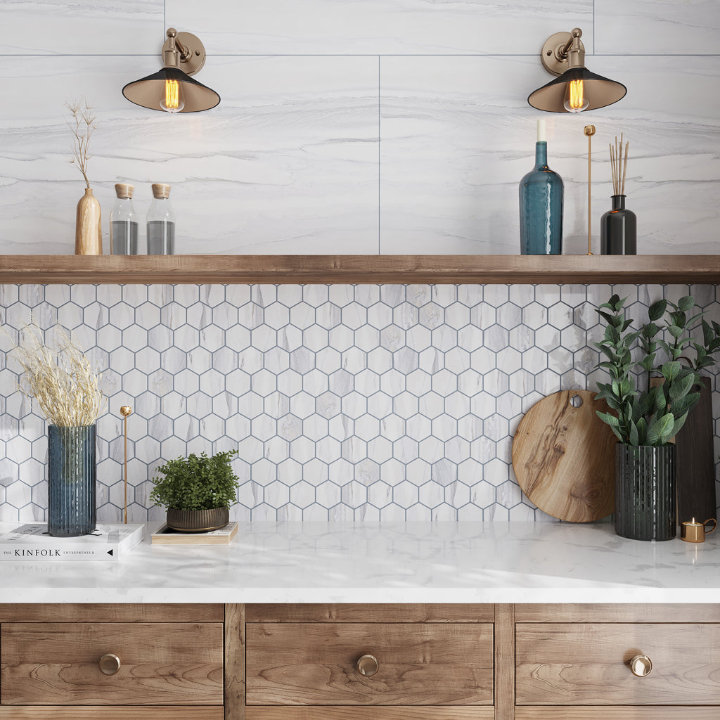 Cotton White 9x13 Polished Hexagon Porcelain Mosaic Tile (9 pack, 7.09 sq ft/case)