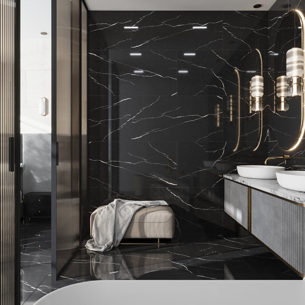 Black 24x48 Polished Porcelain Large Format Tile (2 pack, 15.55 sq ft/case)