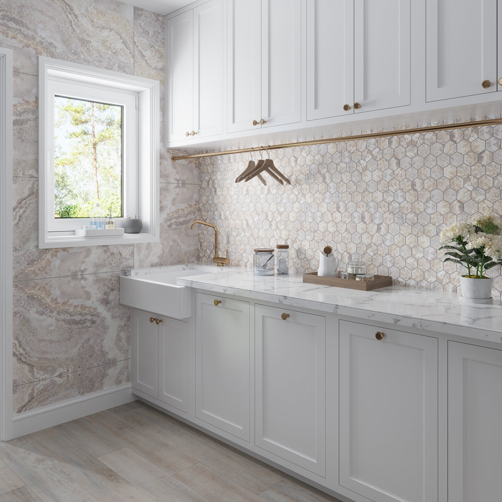 Light Taupe Beige 9x13 Polished Hexagon Porcelain Mosaic Tile (9 pack, 7.09 sq ft/case)