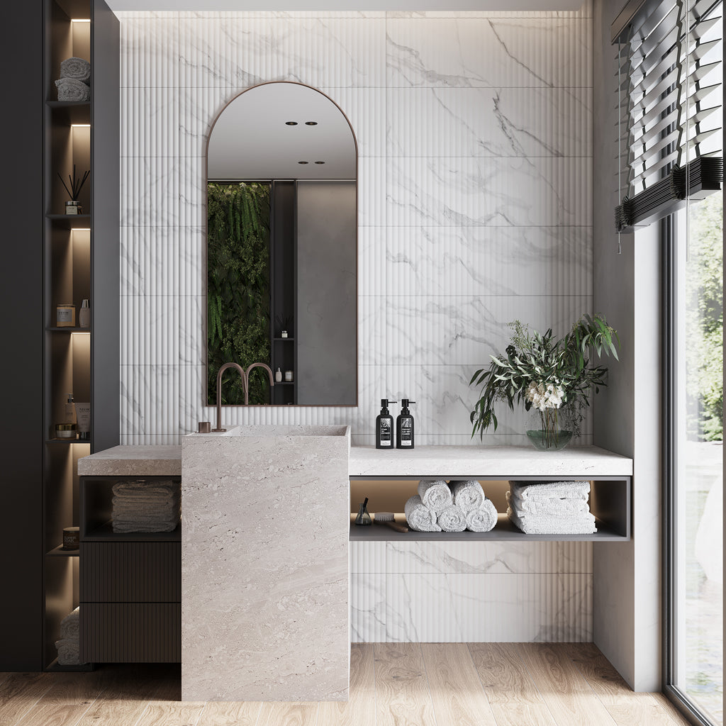 White 12x36 Matte Fluted Ceramic Large Format Tile (4 pack, 11.63 sq ft/case) - Sample