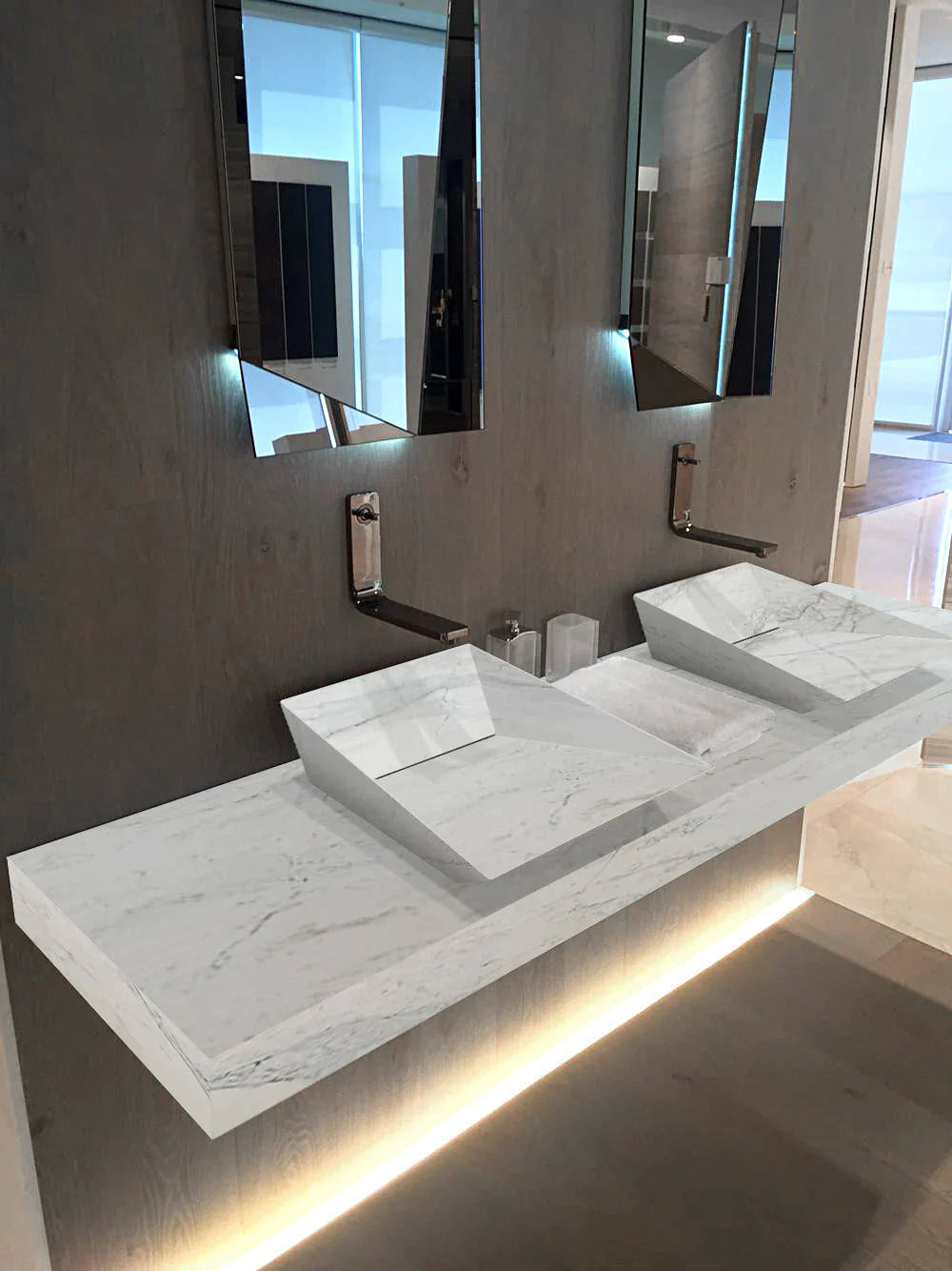 Imperial White Marble Double Sink Above Vanity Wall-mount Bathroom Sink (W)21" (L)80" (H)8"