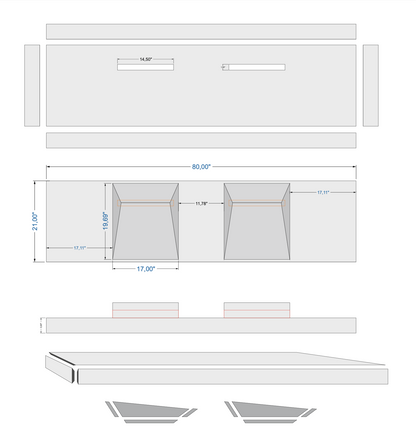 Imperial White Marble Double Sink Above Vanity Wall-mount Bathroom Sink (W)21" (L)80" (H)8"