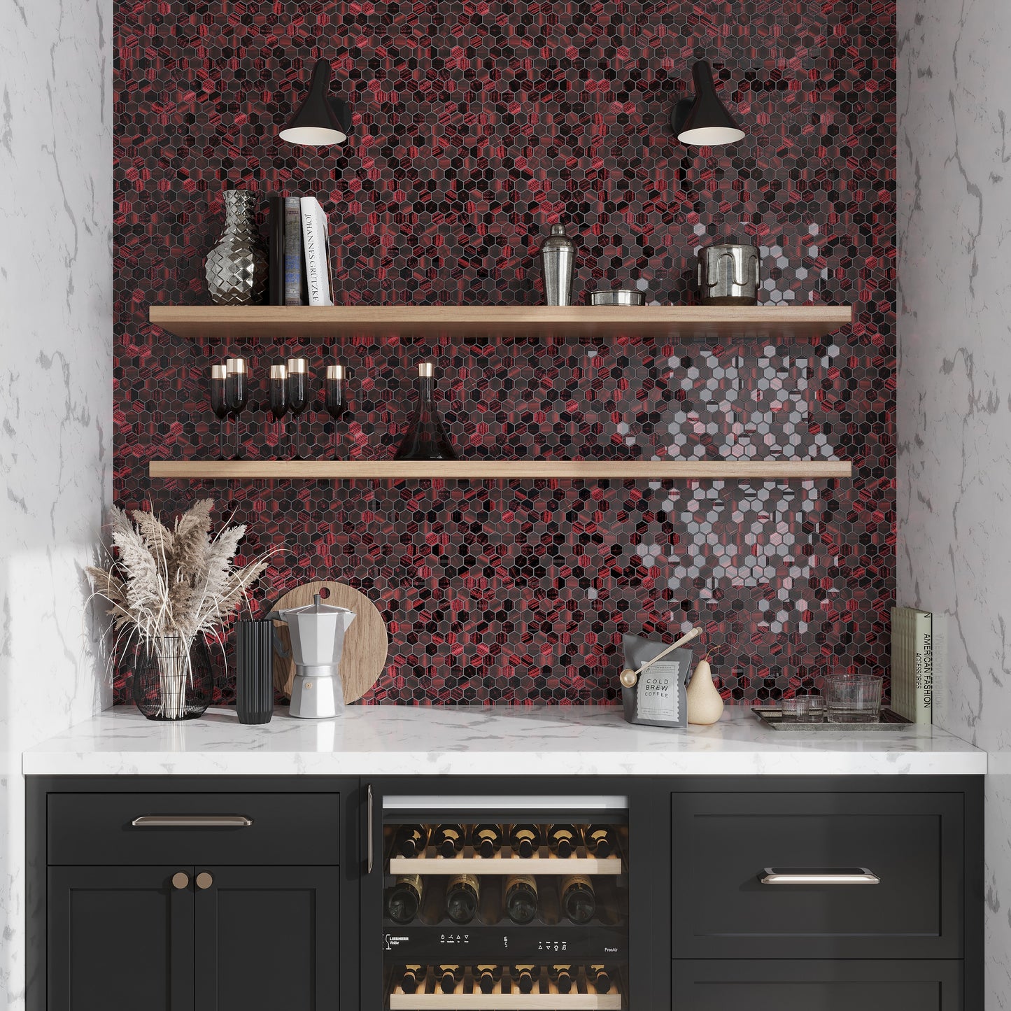 Berry Red 11x11 Glossy Matte Hexagon Glass Mosaic Tile (5 pack, 4.43 sq ft/case)