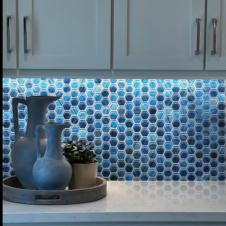 Blue 11x11 Glossy Matte Hexagon Glass Mosaic Tile (5 pack, 4.43 sq ft/case) - Sample