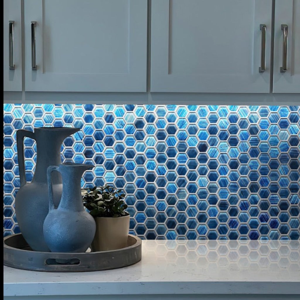 Blue 11x11 Glossy Matte Hexagon Glass Mosaic Tile (5 pack, 4.43 sq ft/case)