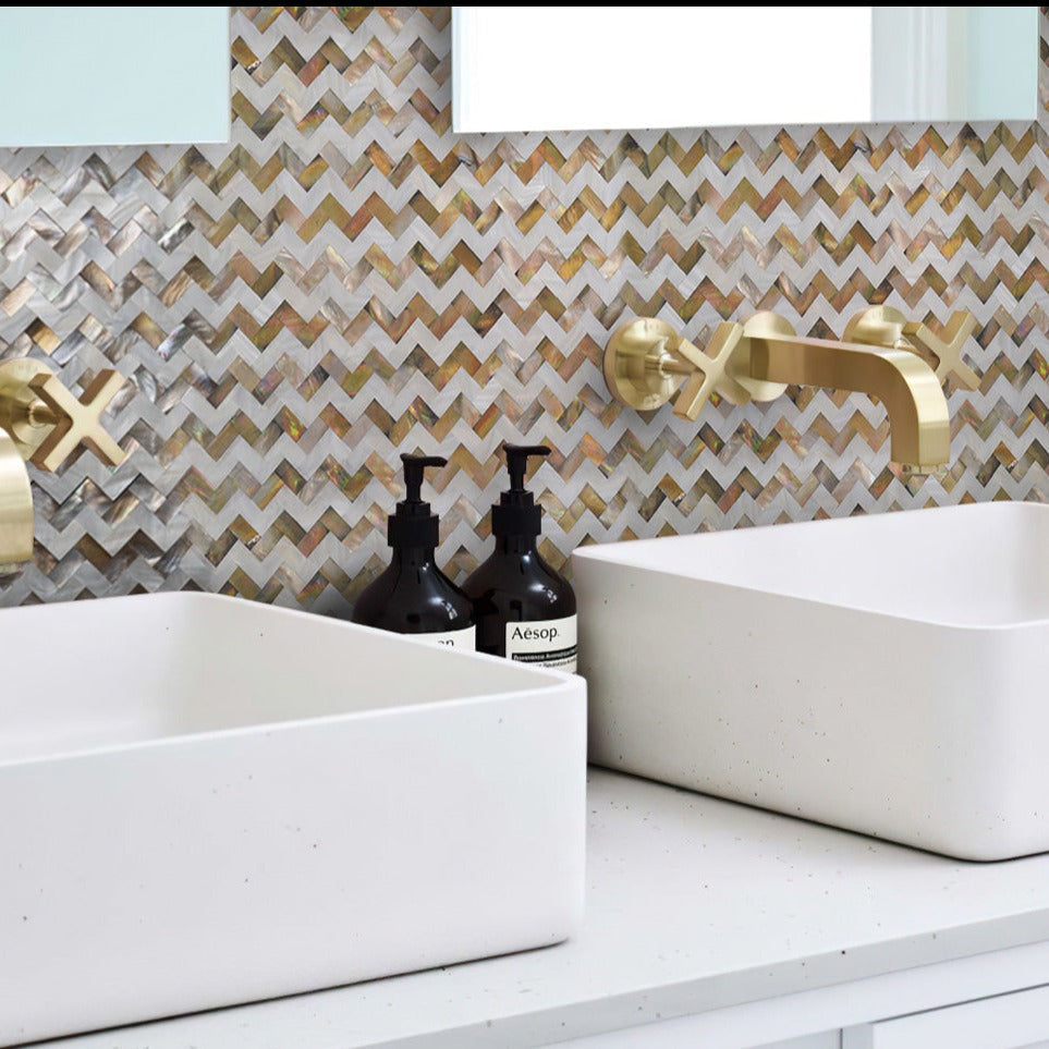Brown White 11x11 Polished Herringbone Shell Mother of Pearl Mosaic Tile (20 pack, 17.27 sq ft/case)