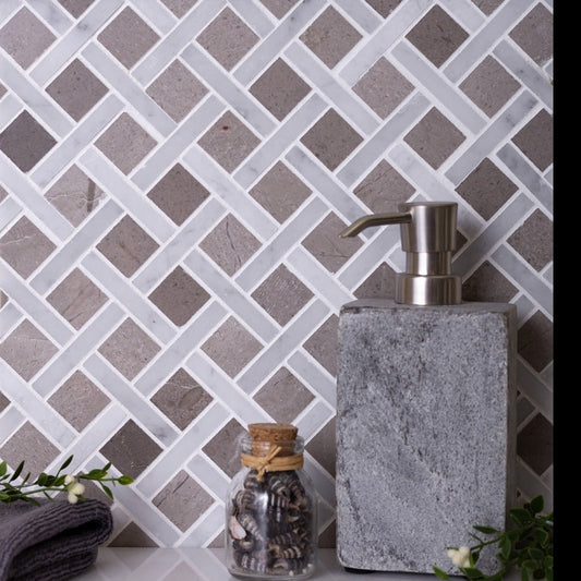 Bianco Carrara Eastern Beige 12x12 Polished Basketweave Marble Mosaic Tile (5 pack, 5 sq ft/case)