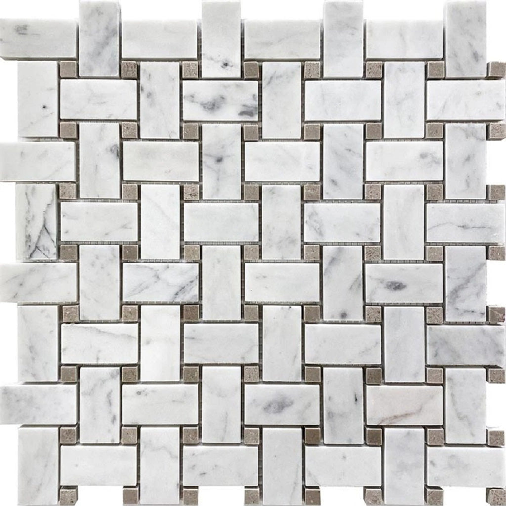 Bianco Carrara, Eastern Beige 12x12 Polished Basketweave Marble Mosaic Tile (5 pack, 5 sq ft/case)