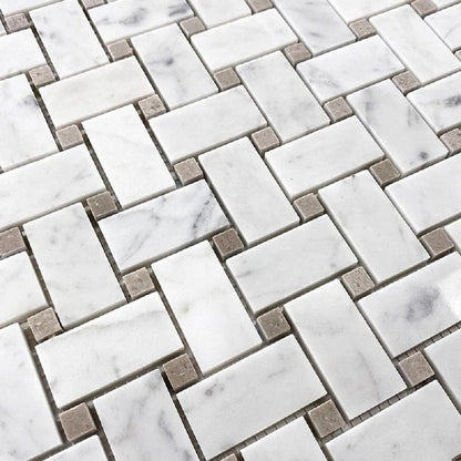 Bianco Carrara, Eastern Beige 12x12 Polished Basketweave Marble Mosaic Tile (5 pack, 5 sq ft/case)
