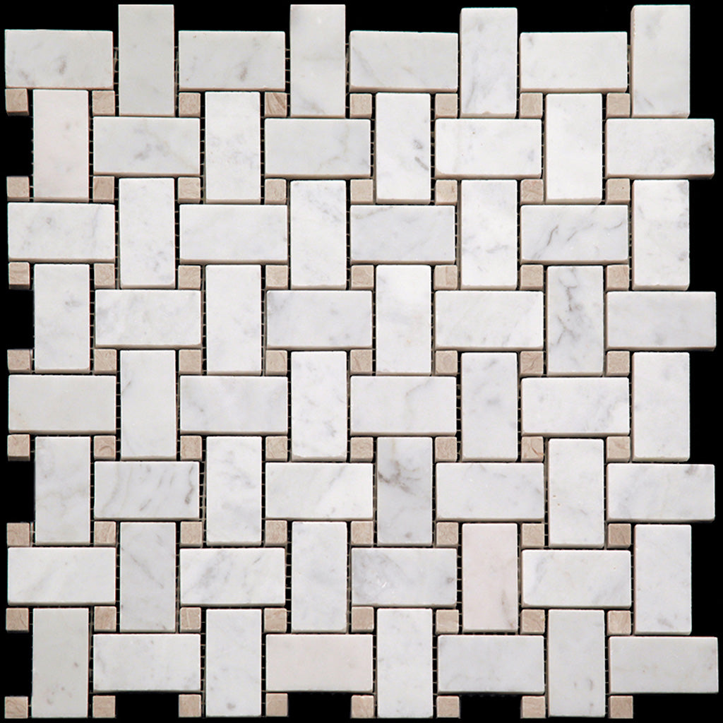 Bianco Carrara, Eastern Beige 12x12 Polished Basketweave Marble Mosaic Tile (5 pack, 5 sq ft/case)