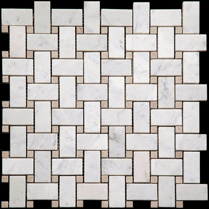 Bianco Carrara, Eastern Beige 12x12 Polished Basketweave Marble Mosaic Tile (5 pack, 5 sq ft/case)