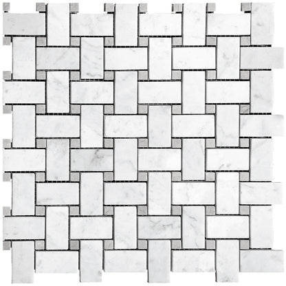 Bianco Carrara, Eastern Beige 12x12 Polished Basketweave Marble Mosaic Tile (5 pack, 5 sq ft/case)