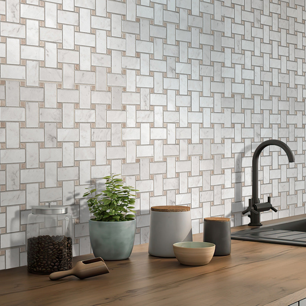 Bianco Carrara, Eastern Beige 12x12 Polished Basketweave Marble Mosaic Tile (5 pack, 5 sq ft/case)