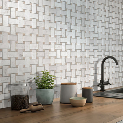 Bianco Carrara, Eastern Beige 12x12 Polished Basketweave Marble Mosaic Tile (5 pack, 5 sq ft/case)