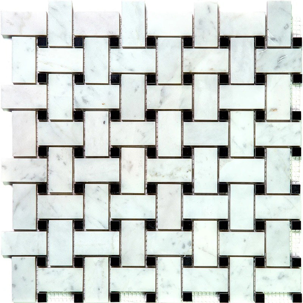 Bianco Carrara, Eastern Black 12x12 Polished Basketweave Marble Mosaic Tile (5 pack, 5 sq ft/case)
