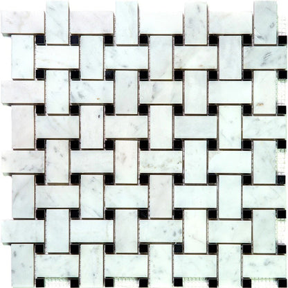 Bianco Carrara, Eastern Black 12x12 Polished Basketweave Marble Mosaic Tile (5 pack, 5 sq ft/case)