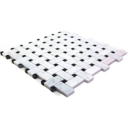 Bianco Carrara, Eastern Black 12x12 Polished Basketweave Marble Mosaic Tile (5 pack, 5 sq ft/case)