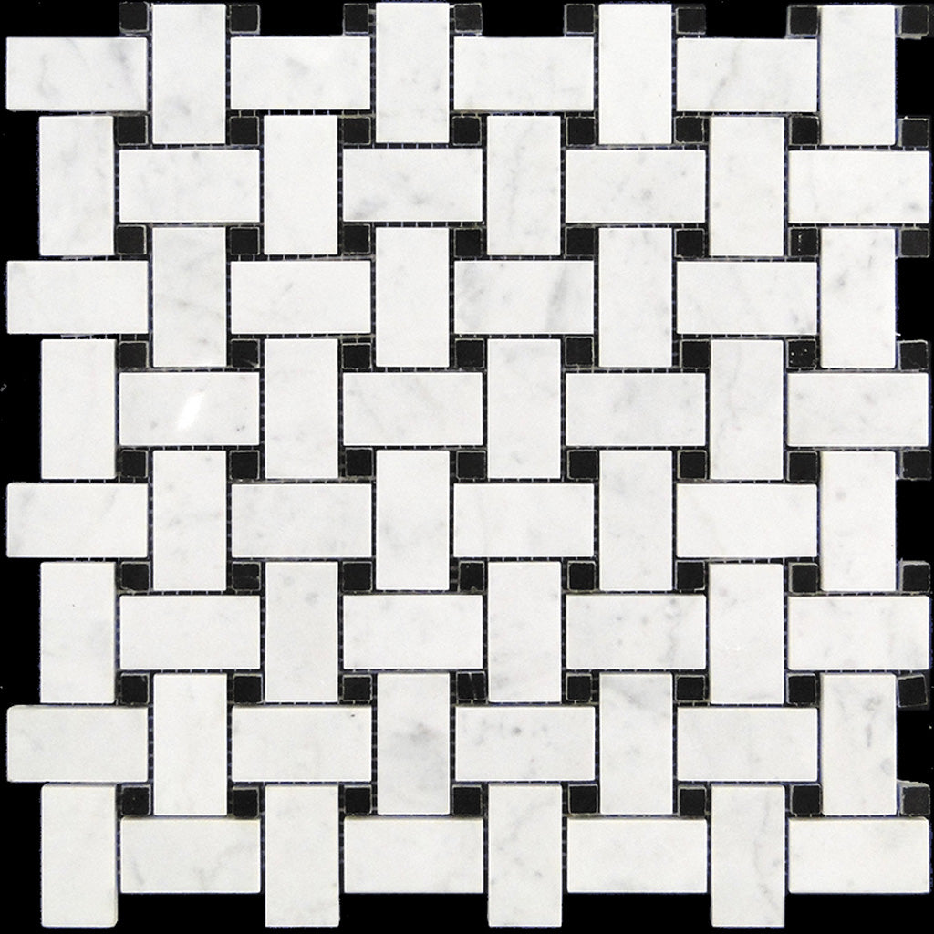 Bianco Carrara, Eastern Black 12x12 Polished Basketweave Marble Mosaic Tile (5 pack, 5 sq ft/case)