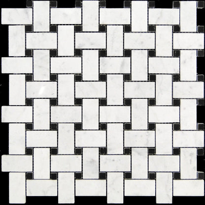 Bianco Carrara, Eastern Black 12x12 Polished Basketweave Marble Mosaic Tile (5 pack, 5 sq ft/case)