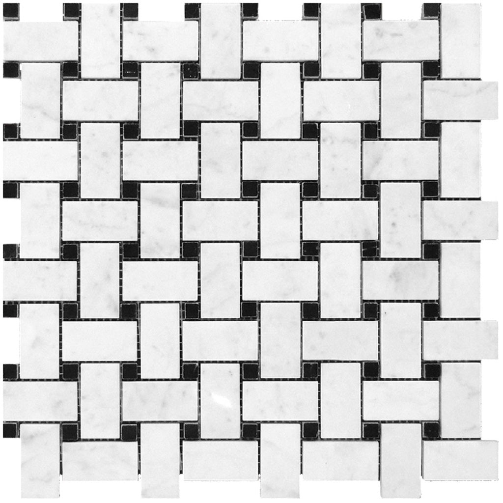 Bianco Carrara, Eastern Black 12x12 Polished Basketweave Marble Mosaic Tile (5 pack, 5 sq ft/case)