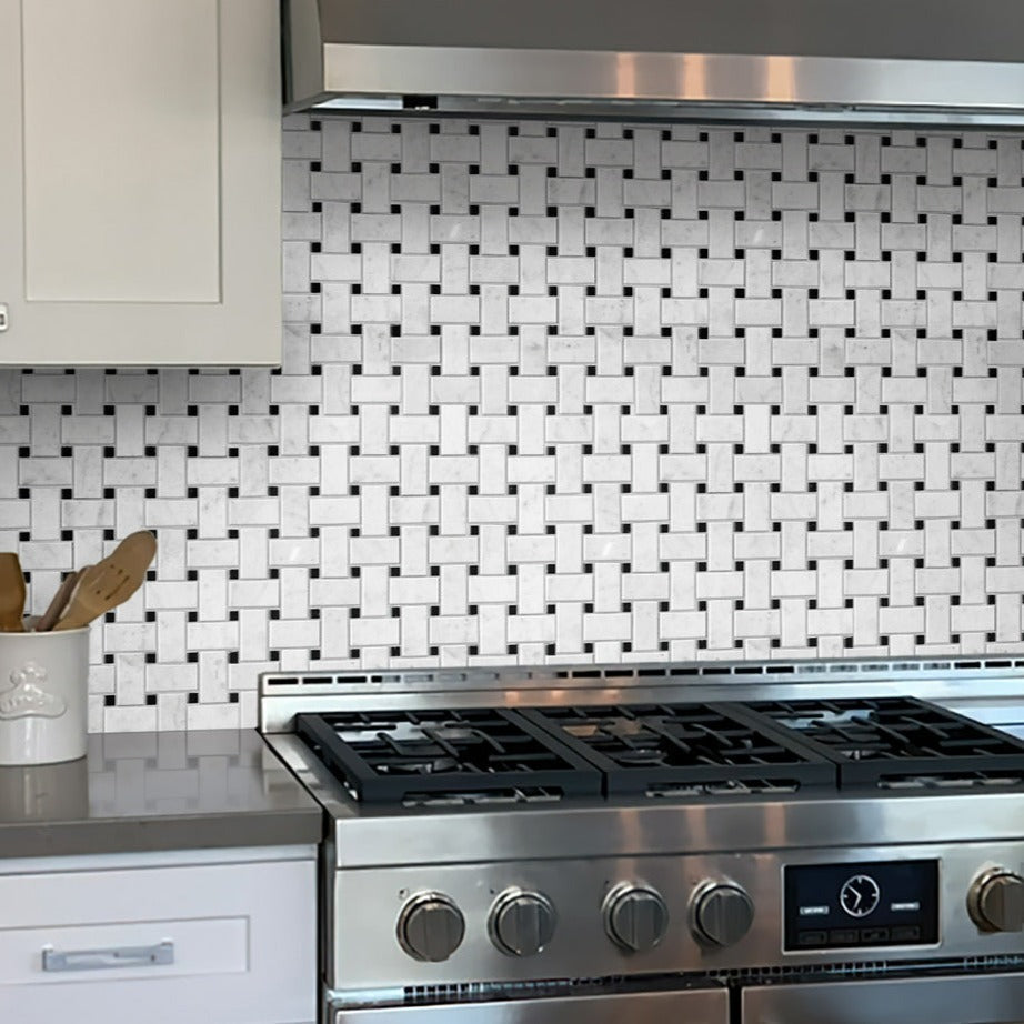 Bianco Carrara, Eastern Black 12x12 Polished Basketweave Marble Mosaic Tile (5 pack, 5 sq ft/case)