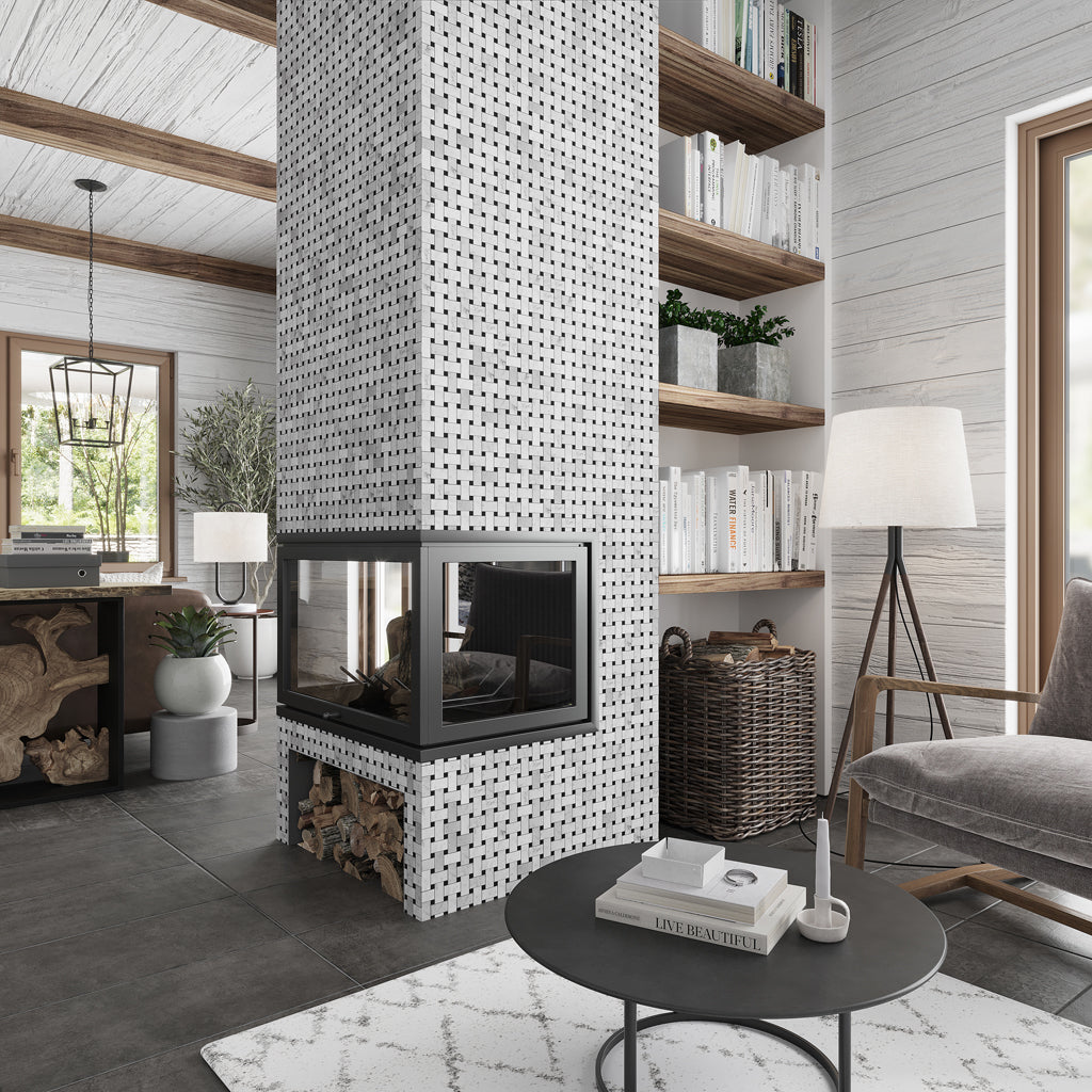 Bianco Carrara, Eastern Black 12x12 Polished Basketweave Marble Mosaic Tile (5 pack, 5 sq ft/case)