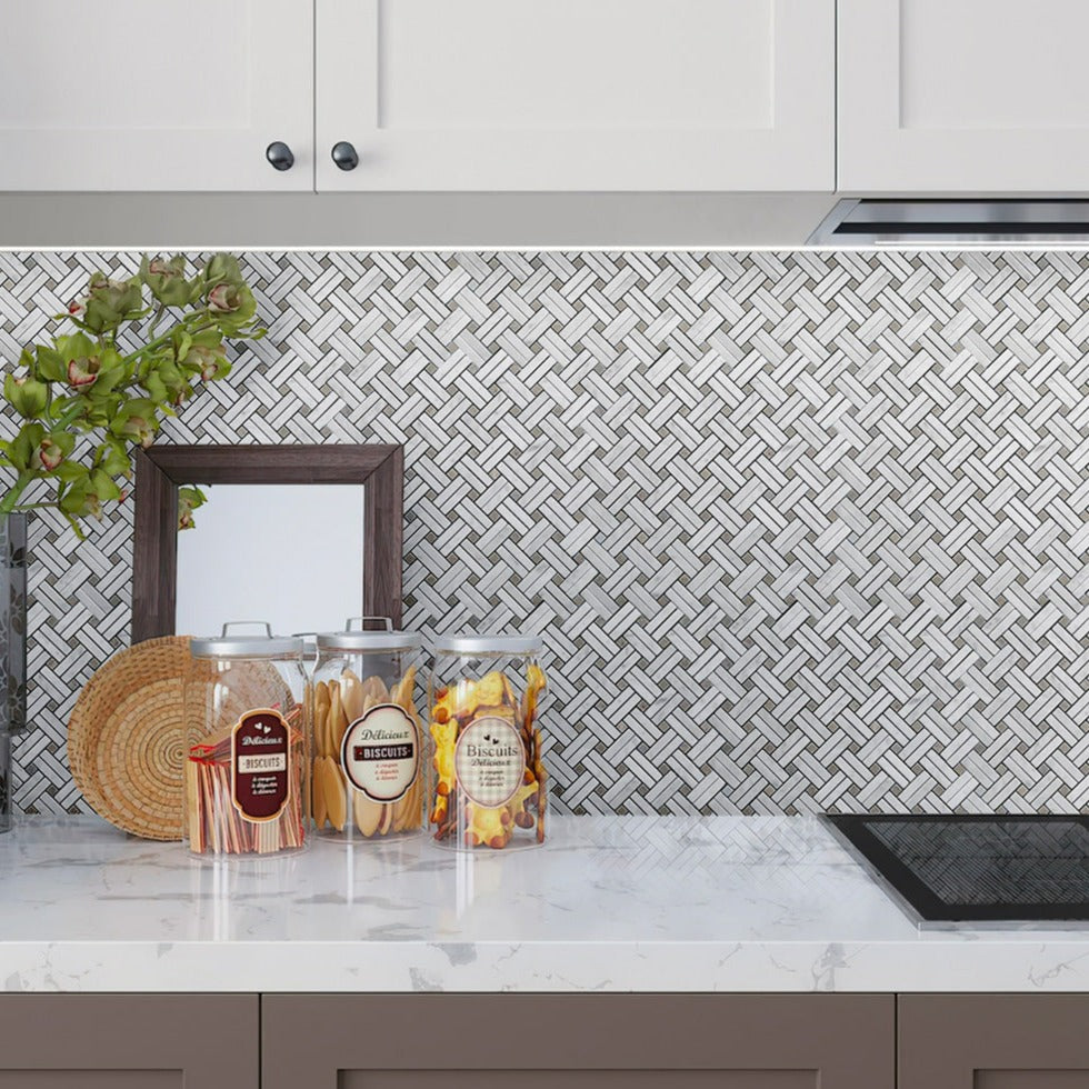 Bianco Carrara, Eastern Beige 11x11 Polished Basketweave Marble Mosaic Tile (5 pack, 4.47 sq ft/case)