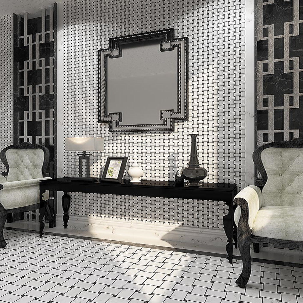 Bianco Carrara, Eastern Black 11x11 Polished Basketweave Marble Mosaic Tile (5 pack, 4.2 sq ft/case)
